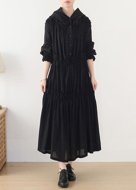 Beautiful Black Cinched hooded Spring Cotton Dress - Omychic