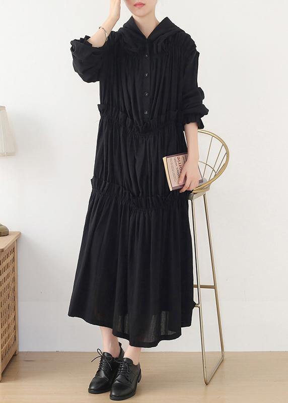 Beautiful Black Cinched hooded Spring Cotton Dress - Omychic