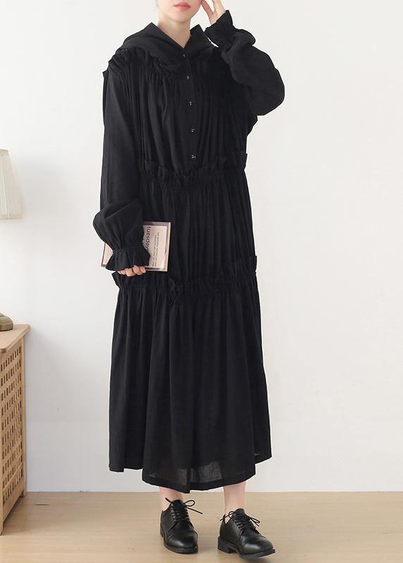 Beautiful Black Cinched hooded Spring Cotton Dress - Omychic