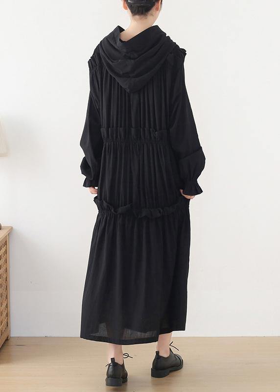 Beautiful Black Cinched hooded Spring Cotton Dress - Omychic