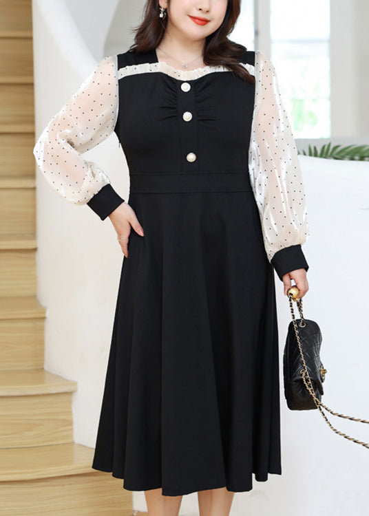 Beautiful Black Dot Ruffled Patchwork Cotton Long Dresses Long Sleeve