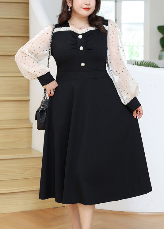 Beautiful Black Dot Ruffled Patchwork Cotton Long Dresses Long Sleeve