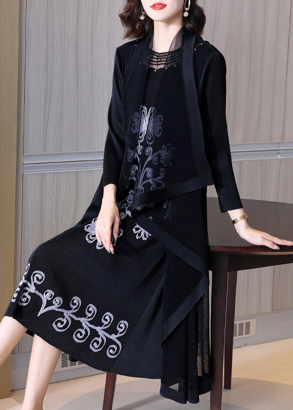 Beautiful Black Embroidered Floral Wrinkled Party Long Dress Spring