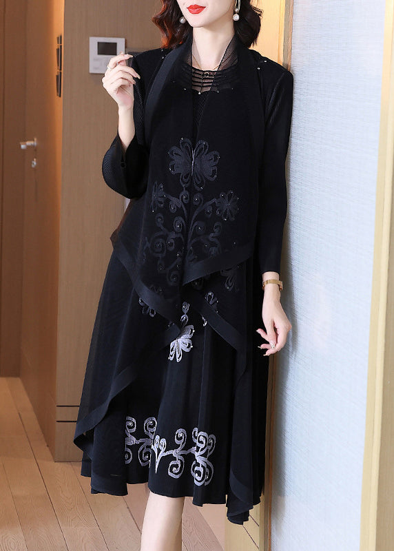 Beautiful Black Embroidered Floral Wrinkled Party Long Dress Spring