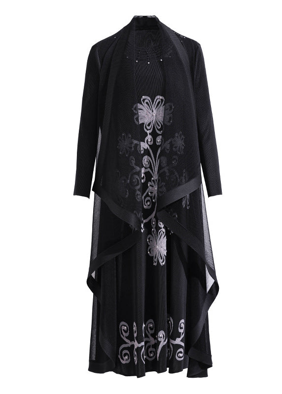 Beautiful Black Embroidered Floral Wrinkled Party Long Dress Spring