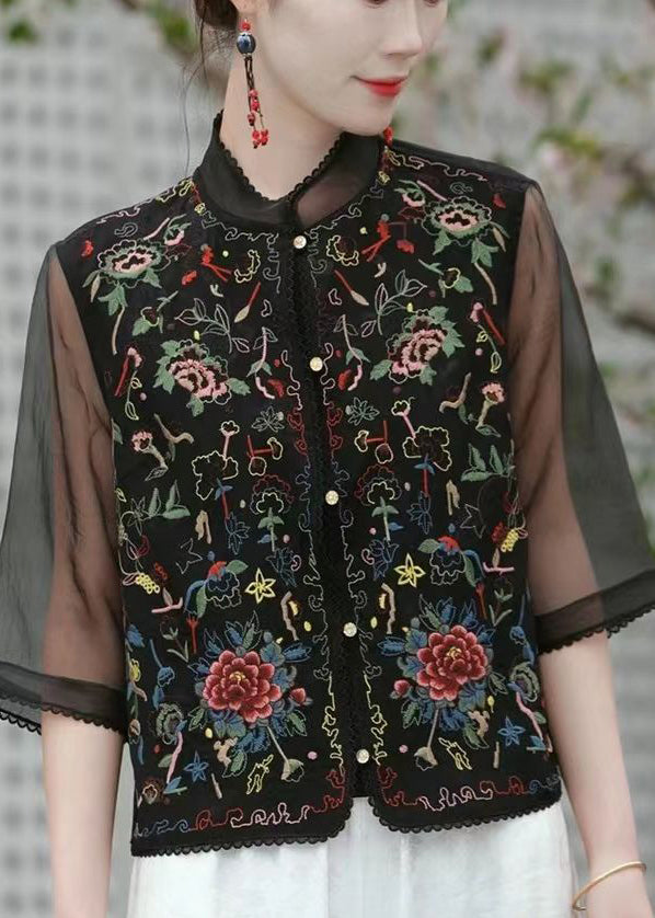 Beautiful Black Embroidered Patchwork Linen Silk Top Half Sleeve