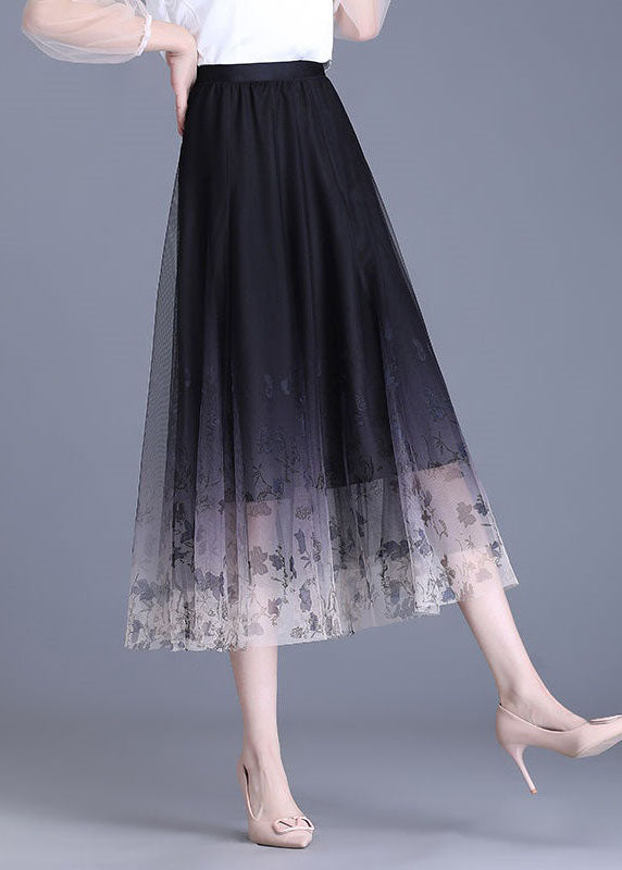 Beautiful Black Gradient Wrinkled Print High Waist Tulle Skirts Summer