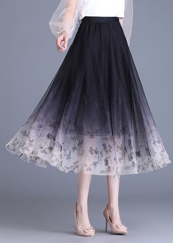 Beautiful Black Gradient Wrinkled Print High Waist Tulle Skirts Summer