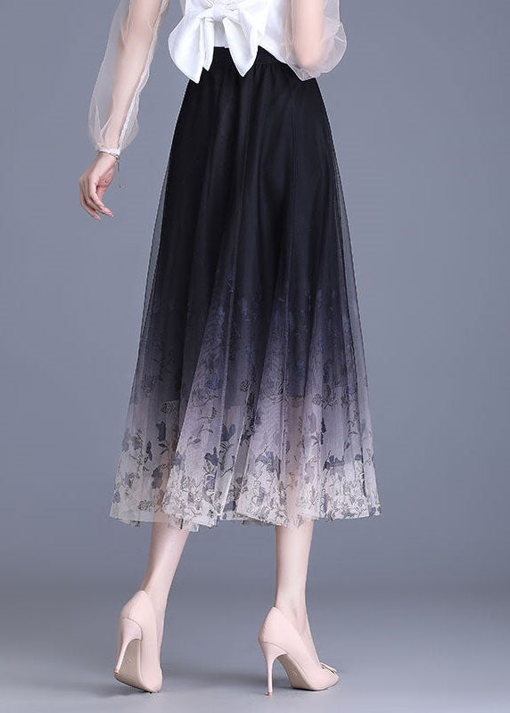 Beautiful Black Gradient Wrinkled Print High Waist Tulle Skirts Summer