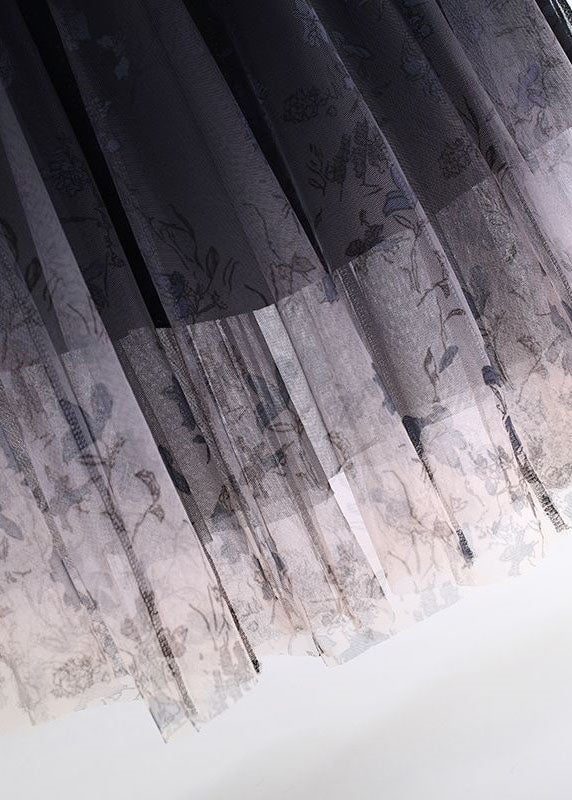 Beautiful Black Gradient Wrinkled Print High Waist Tulle Skirts Summer