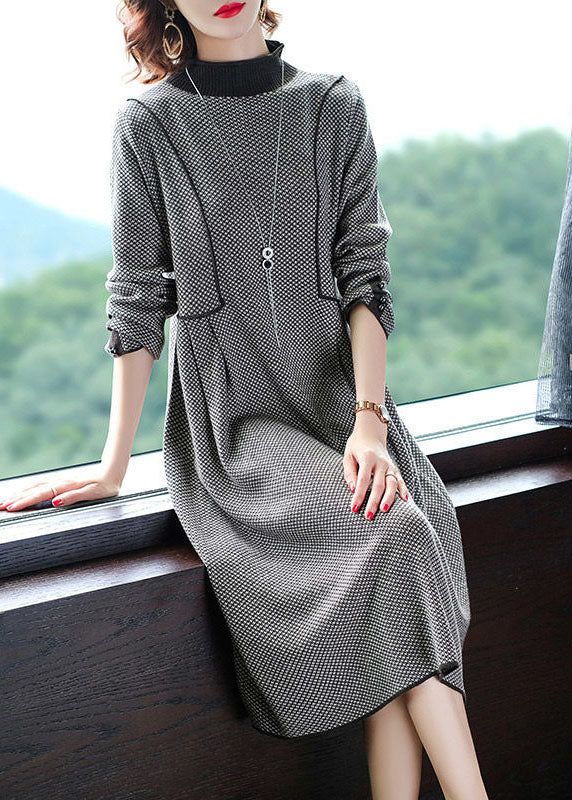 Beautiful Black High Neck Plaid Wrinkled Knitted Long Dress Winter