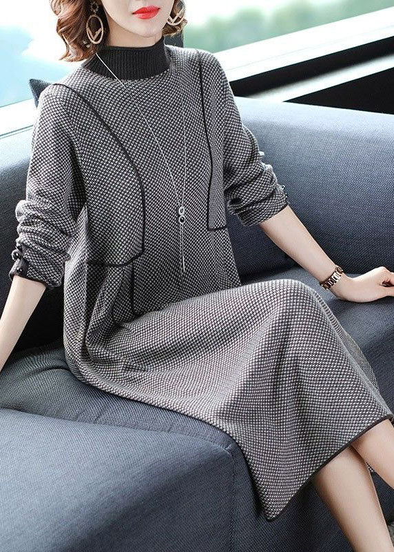 Beautiful Black High Neck Plaid Wrinkled Knitted Long Dress Winter