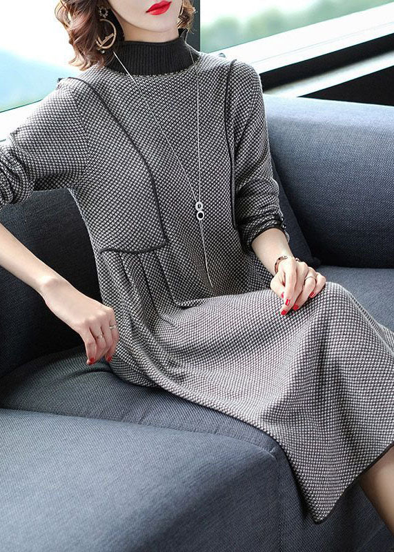 Beautiful Black High Neck Plaid Wrinkled Knitted Long Dress Winter