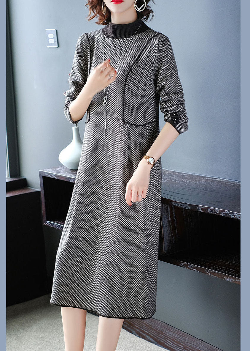 Beautiful Black High Neck Plaid Wrinkled Knitted Long Dress Winter