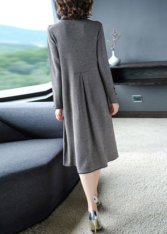 Beautiful Black High Neck Plaid Wrinkled Knitted Long Dress Winter