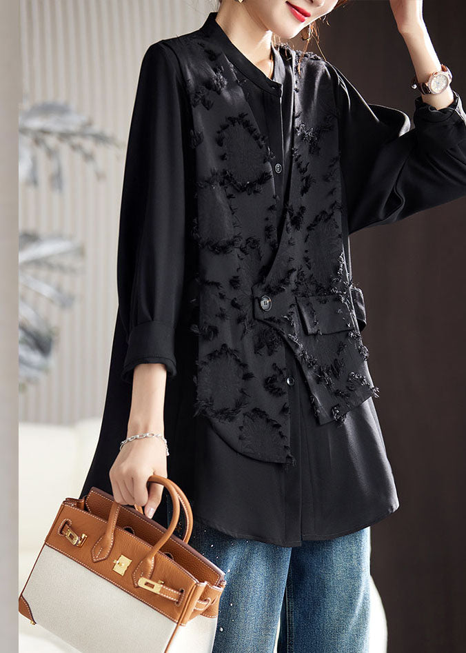 Beautiful Black O-Neck Floral Patchwork Fake Two Pieces Chiffon Top Fall