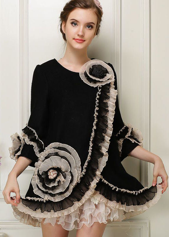 Beautiful Black O-Neck Nail Bead Floral Woolen Coats Bracelet Sleeve