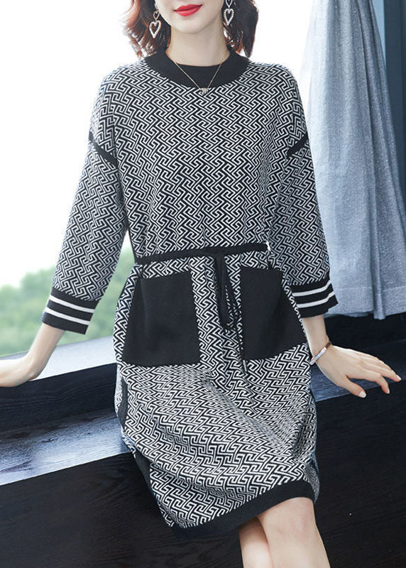 Beautiful Black O-Neck Print Drawstring Knit Sweater Dress Long Sleeve