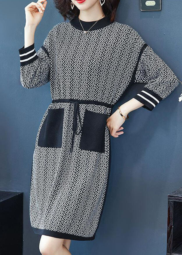 Beautiful Black O-Neck Print Drawstring Knit Sweater Dress Long Sleeve