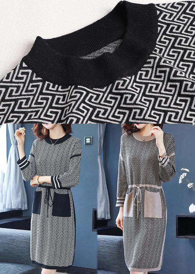 Beautiful Black O-Neck Print Drawstring Knit Sweater Dress Long Sleeve