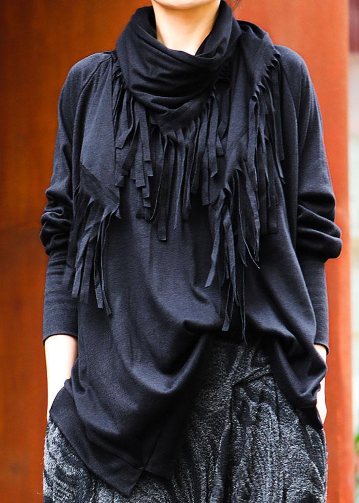 Beautiful Black O-Neck tasseled asymmetrical design Spring Tops Long sleeve - Omychic