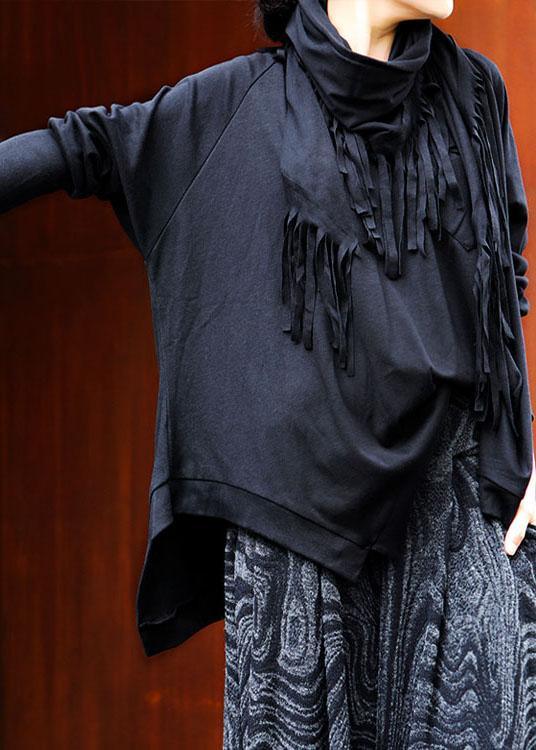 Beautiful Black O-Neck tasseled asymmetrical design Spring Tops Long sleeve - Omychic
