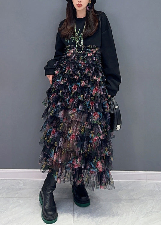 Beautiful Black Print Chiffon Patchwork Dresses Long Sleeve