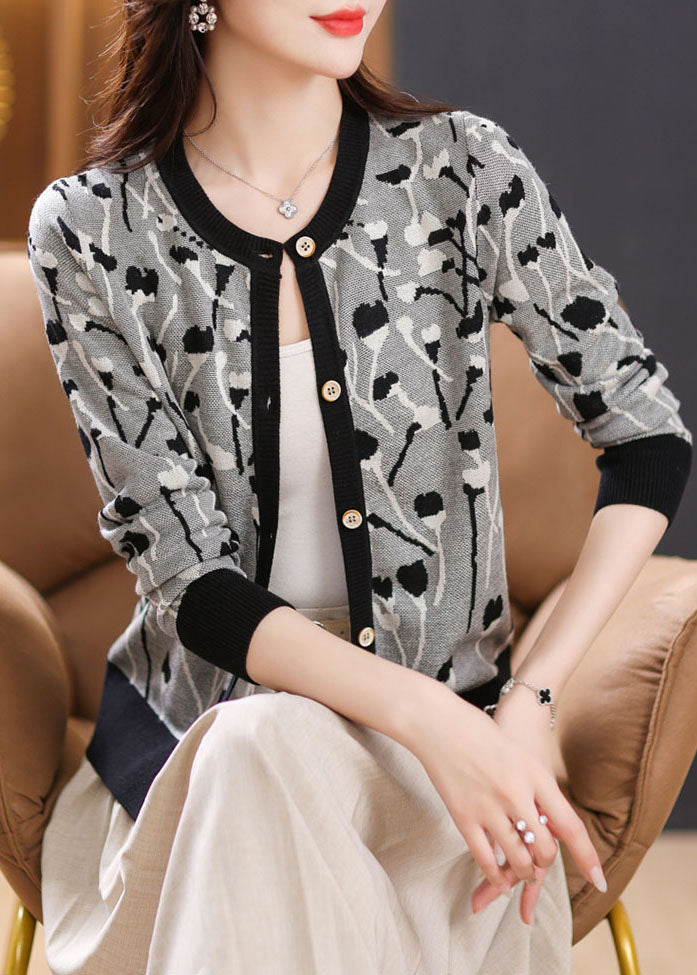 Beautiful Black Print Patchwork Knit Cardigan Long Sleeve