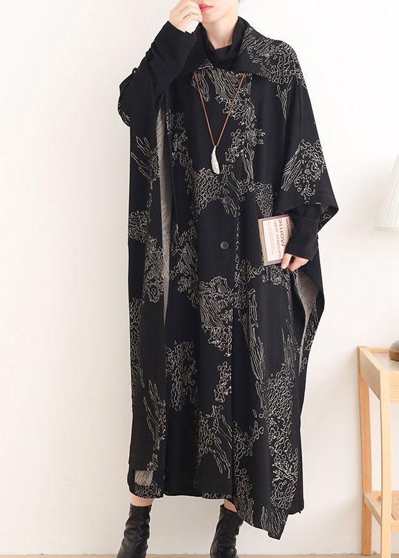 Beautiful Black Print Peter Pan Collar Button Long Trench coats - Omychic