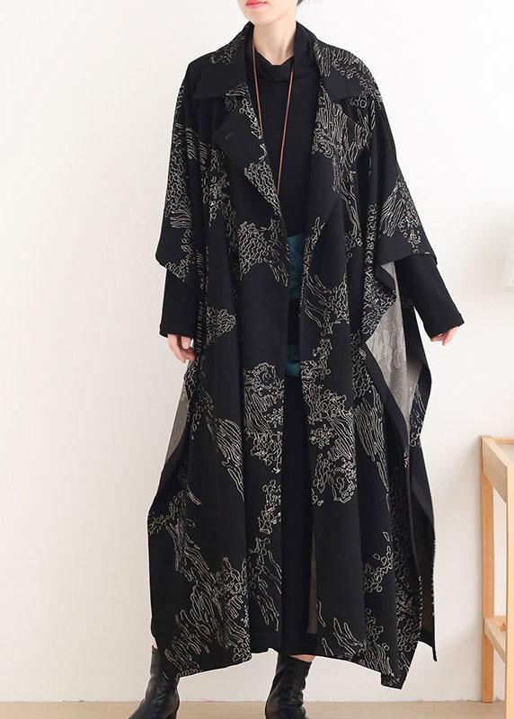 Beautiful Black Print Peter Pan Collar Button Long Trench coats - Omychic