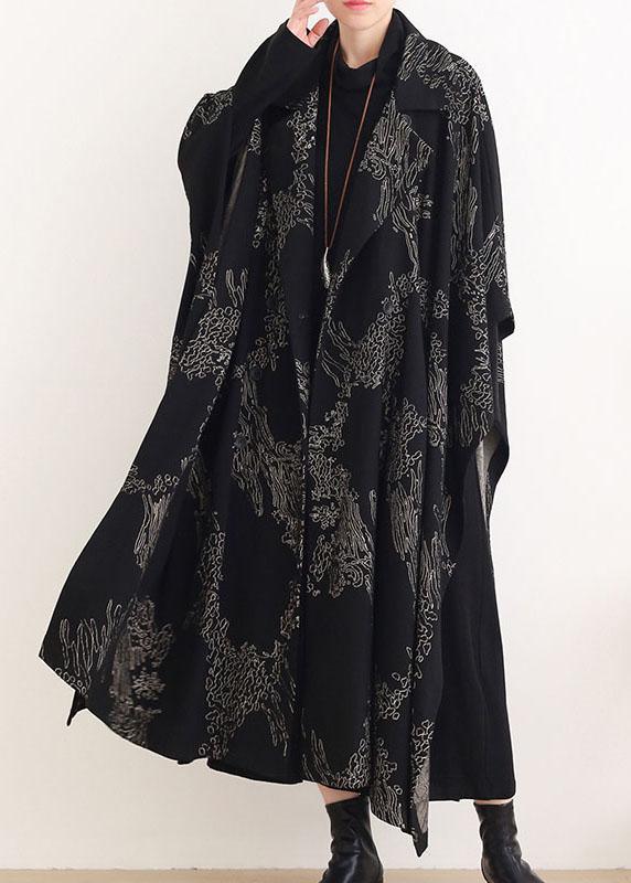 Beautiful Black Print Peter Pan Collar Button Long Trench coats - Omychic