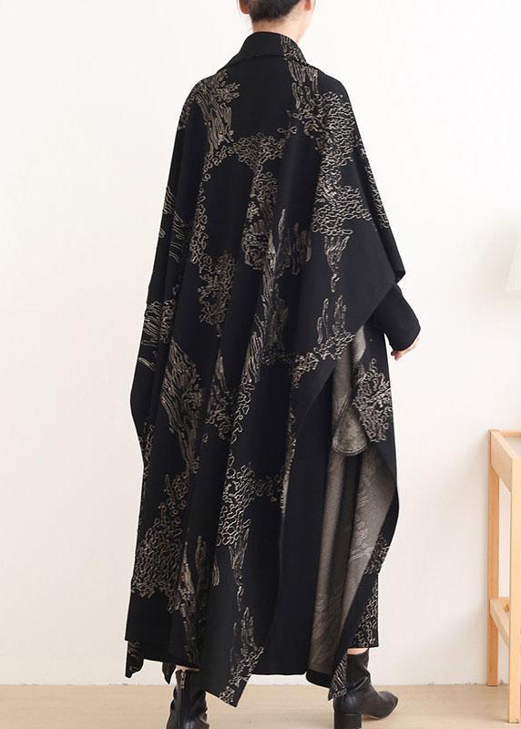 Beautiful Black Print Peter Pan Collar Button Long Trench coats - Omychic