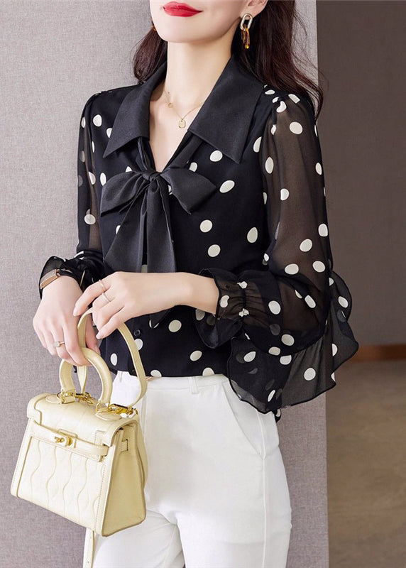 Beautiful Black Ruffled Dot Print Chiffon Shirts Spring