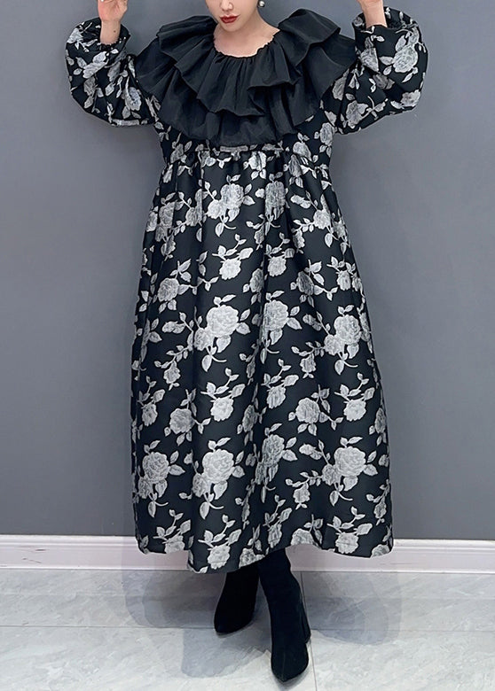 Beautiful Black Ruffled Print Patchwork Cotton Long Dress Fall