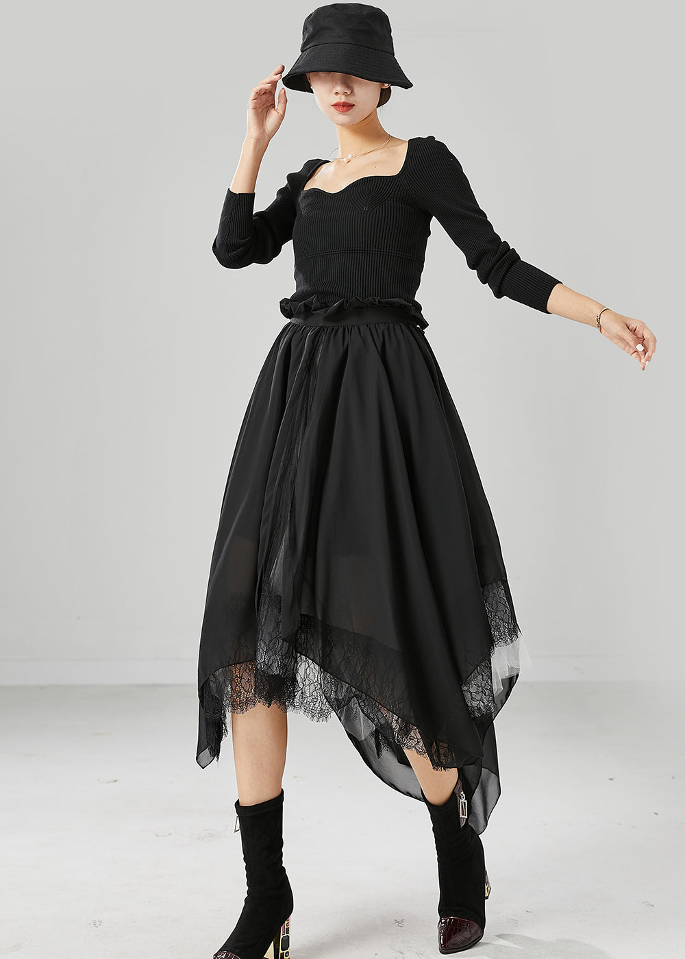 Beautiful Black Square Collar Asymmetrical Patchwork Exra Large Hem Knit Dress Fall