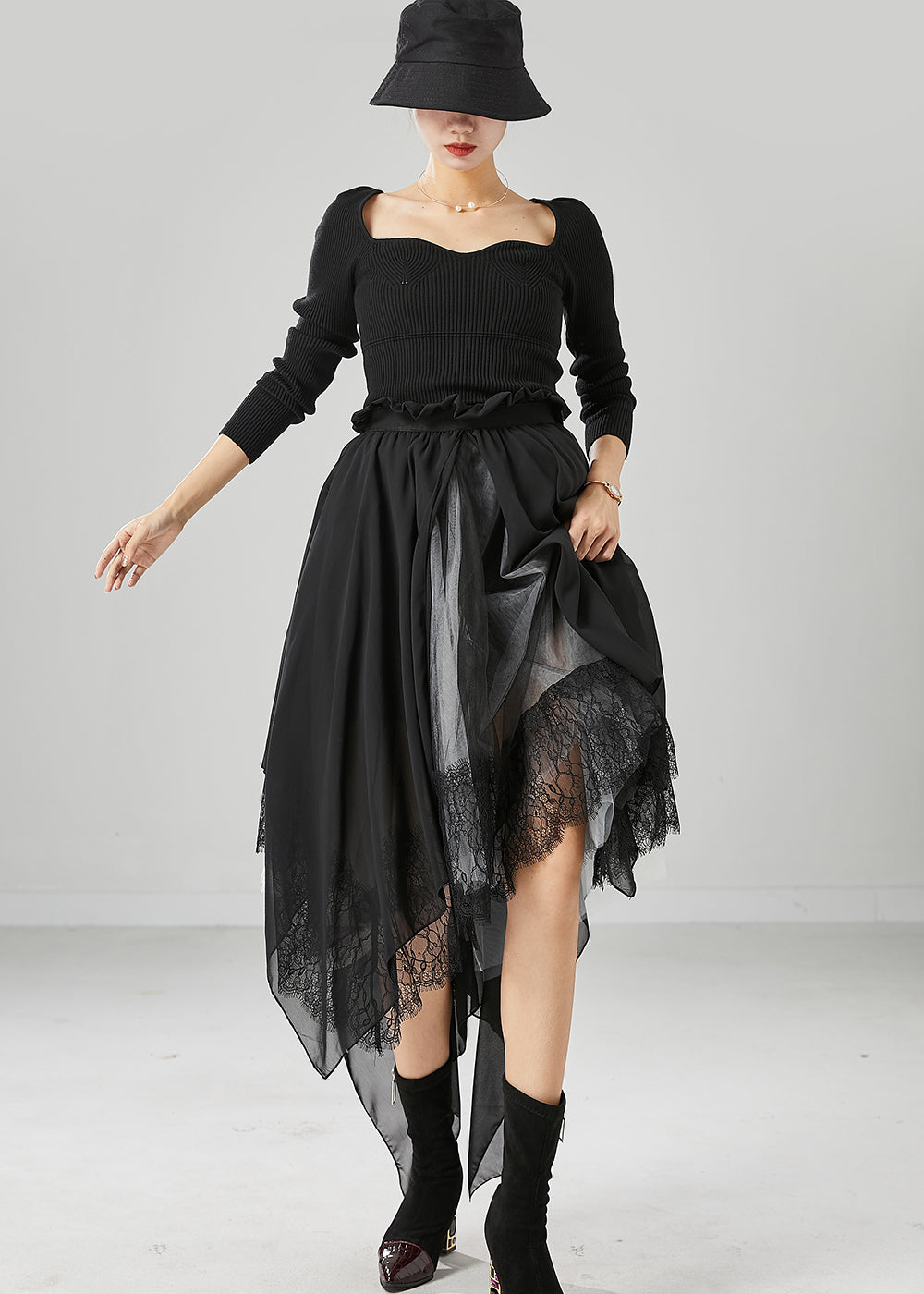 Beautiful Black Square Collar Asymmetrical Patchwork Exra Large Hem Knit Dress Fall
