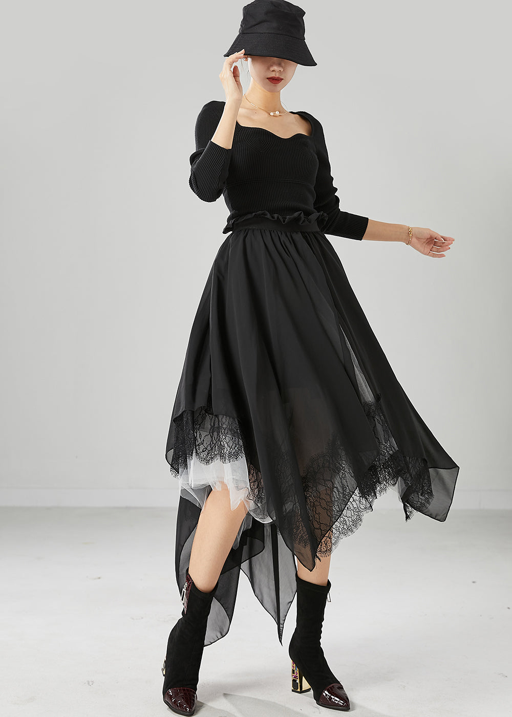 Beautiful Black Square Collar Asymmetrical Patchwork Exra Large Hem Knit Dress Fall