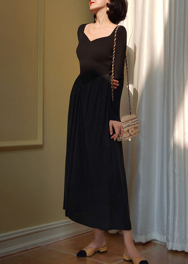 Beautiful Black Square Collar Patchwork Slim Fit Knit Dress Spring