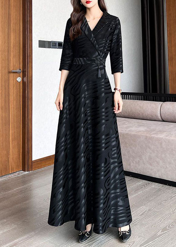 Beautiful Black Striped Patchwork Tie Waist Silk A line Long Dresses H