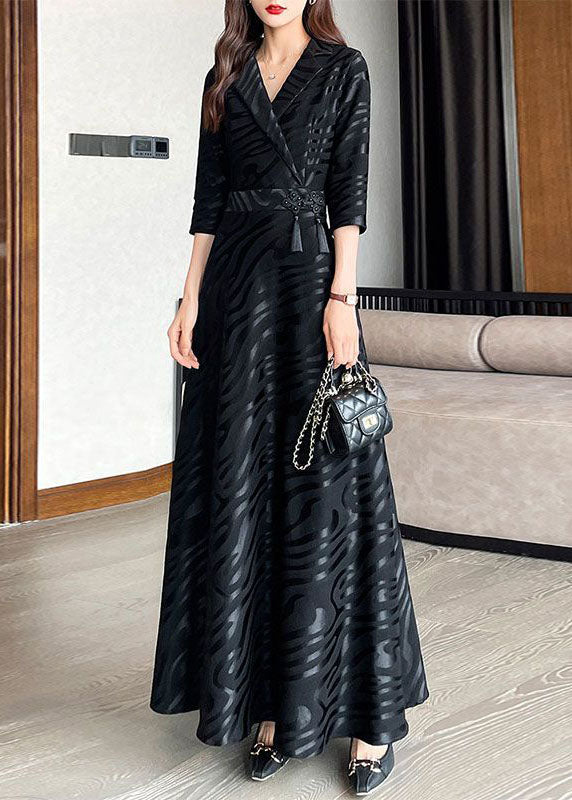 Beautiful Black Striped Patchwork Tie Waist Silk A line Long Dresses H