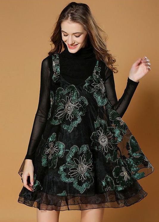 Beautiful Black Turtle Neck Embroidered Organza Two-Piece Set Spring