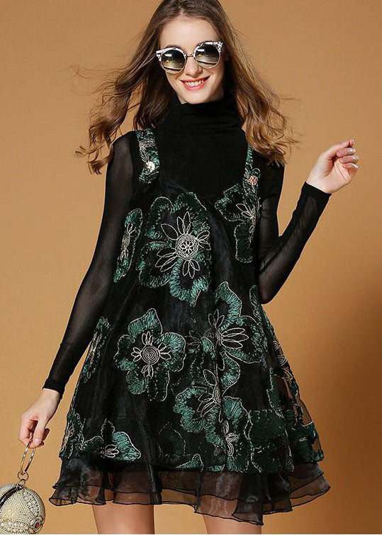 Beautiful Black Turtle Neck Embroidered Organza Two-Piece Set Spring