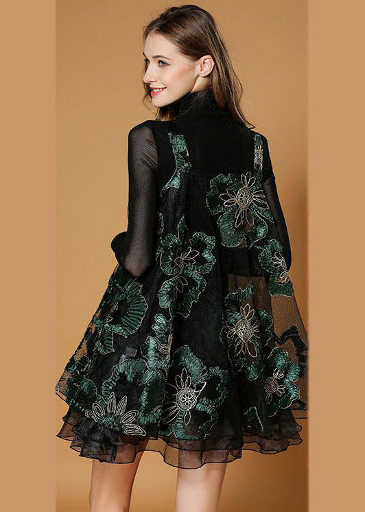 Beautiful Black Turtle Neck Embroidered Organza Two-Piece Set Spring