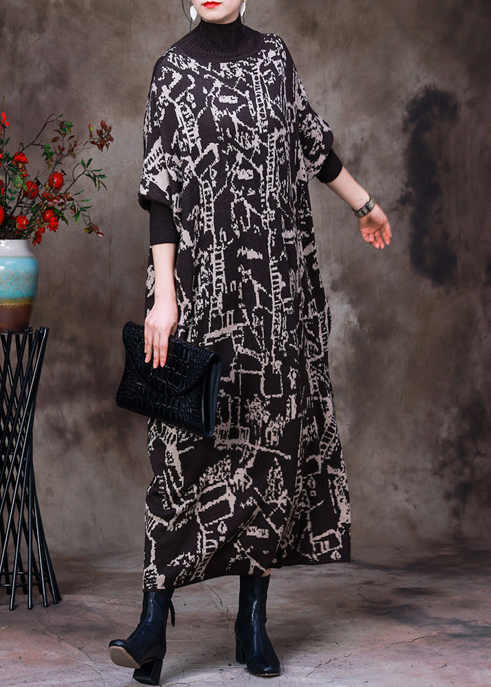 Beautiful Black Turtleneck Print Knit Patchwork Long Dress Long Sleeve