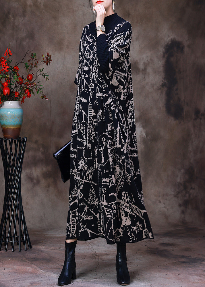 Beautiful Black Turtleneck Print Knit Patchwork Long Dress Long Sleeve