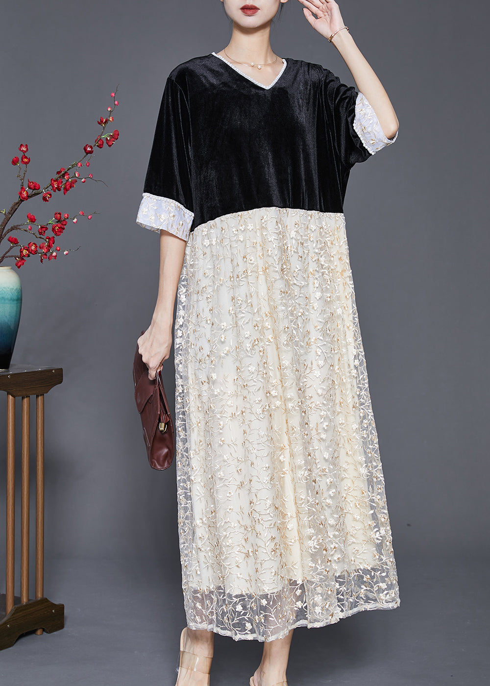 Beautiful Black V Neck Patchwork Lace Silk Velvet Long Dresses Half Sleeve