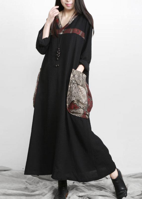 Beautiful Black V Neck Patchwork Print Pockets Dress Fall - Omychic