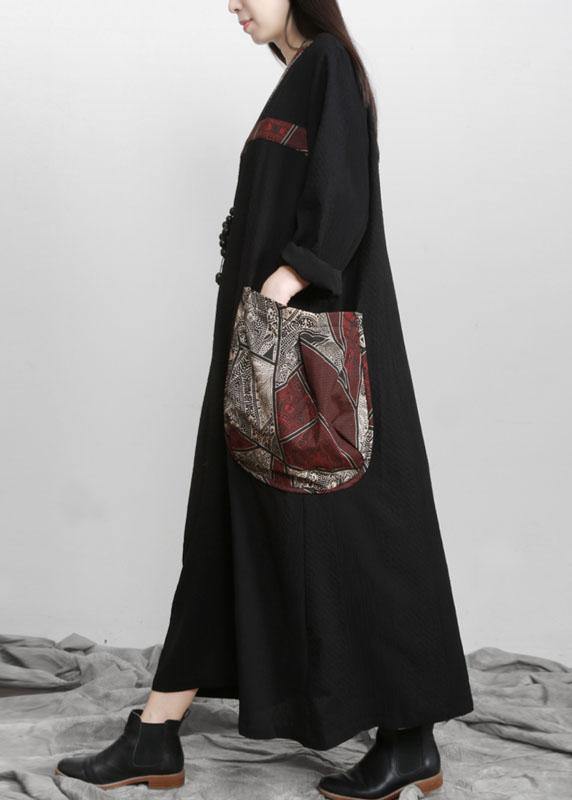 Beautiful Black V Neck Patchwork Print Pockets Dress Fall - Omychic