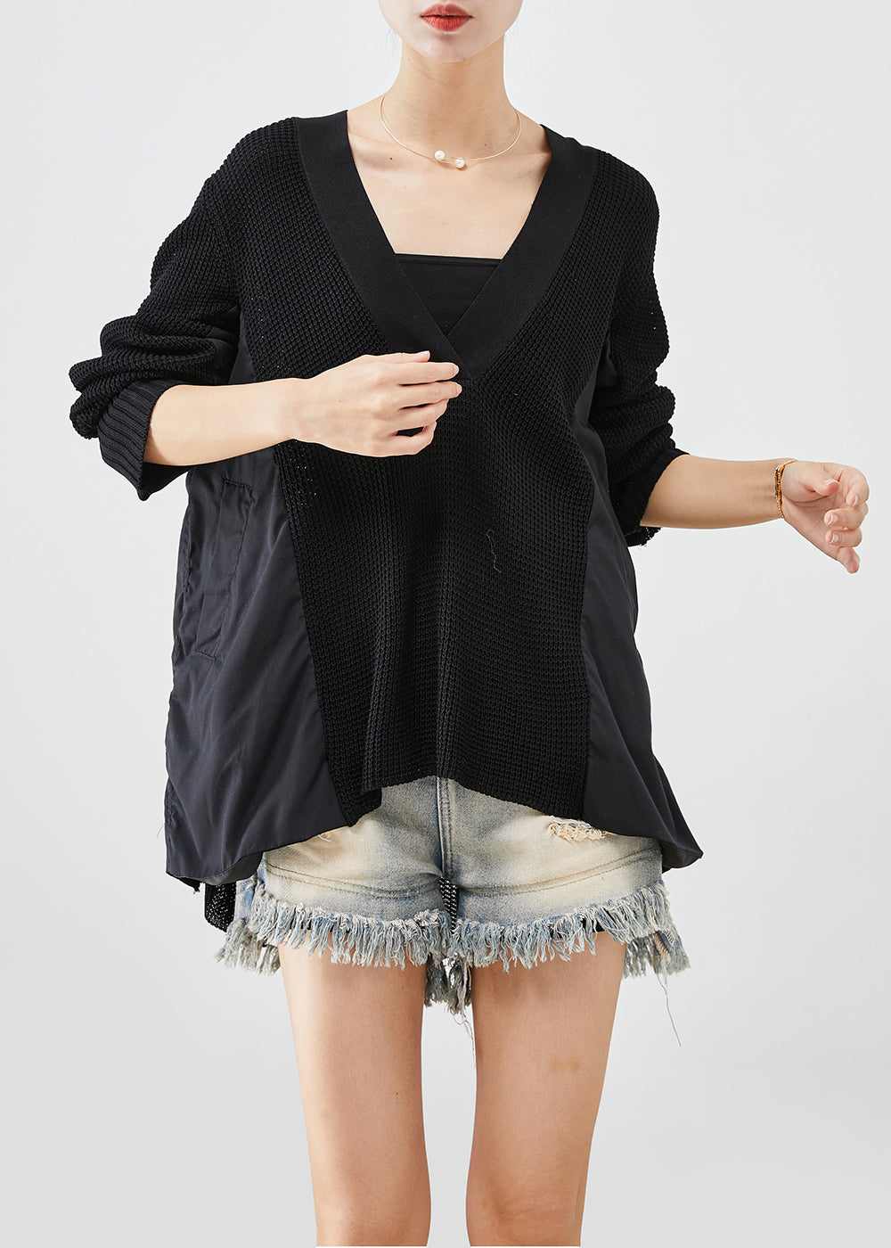 Beautiful Black V Neck Patchwork Wrinkled Knit Tops Batwing Sleeve