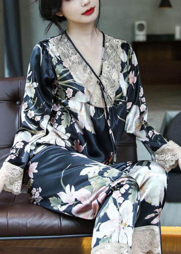 Beautiful Black V Neck Print Ice Silk Pajamas Two Pieces Set Spring